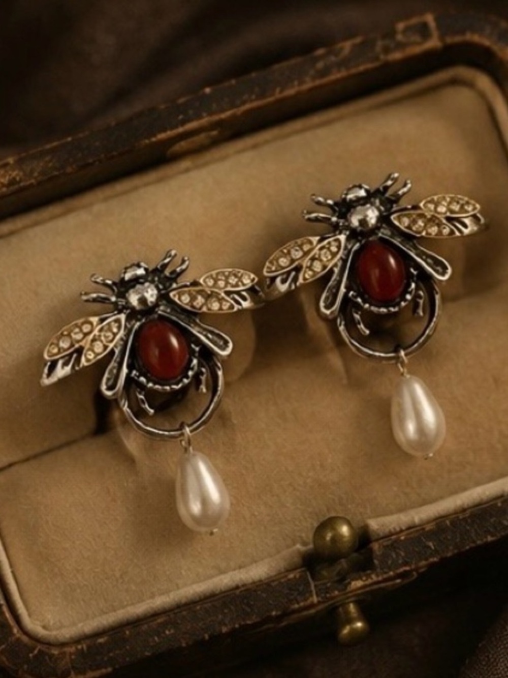 Vintage Crimson Pearl Bee Drop Earrings